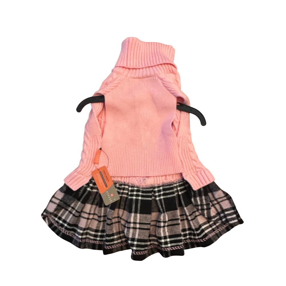 Kyeese‎ Wear Pink Cable Knit Plaid Dog Sweater Dress Rhinestone Heart Bow NWT - Picture 2 of 10